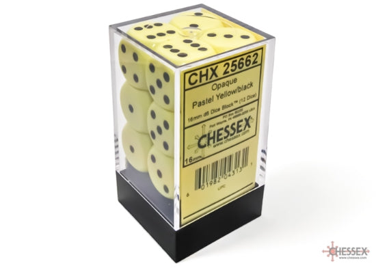 Opaque Pastel Yellow/black 16mm d6 Dice Block (12 dice)