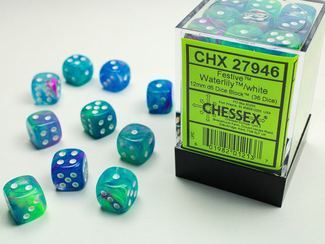 Festive Waterlily/white 12mm d6 Dice Block (36 dice)