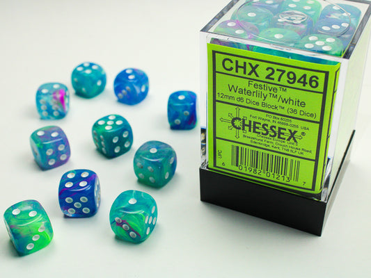 Festive Waterlily/white 12mm d6 Dice Block (36 dice)