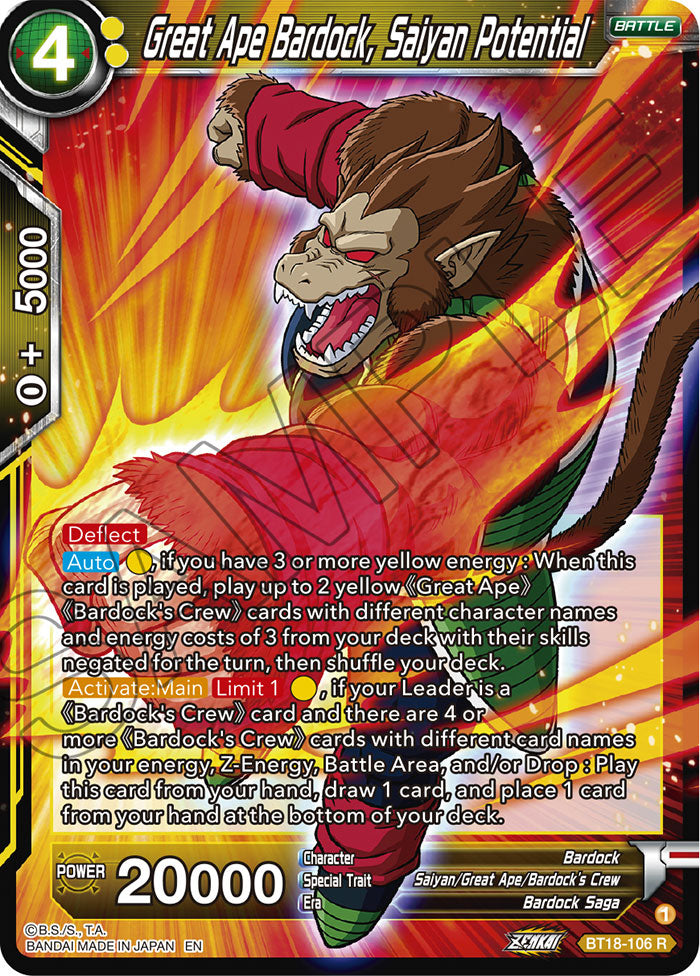 Great Ape Bardock, Saiyan Potential - Dawn of the Z-Legends - Rare - BT18-106